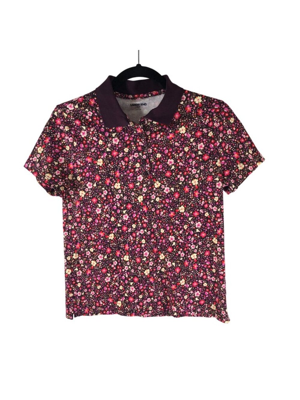 Lands End Womens Supima Cotton Polo Shirt Purple Floral Print Short Sleeve Top S